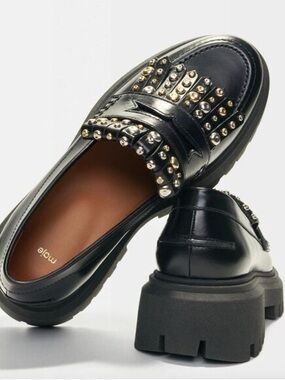 Maje Black Leather Studded Fringe Loafers